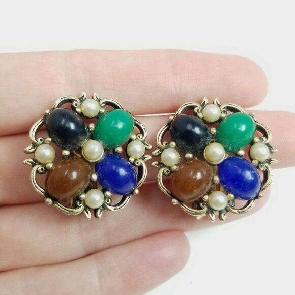 Vintage Colorful Cabochon Clip On Earrings, Retro 80s Style Faux Pearl, Estate - Picture 1 of 6